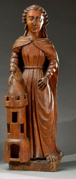 null Sainte Barbe en chêne sculpté, traces de polychromie, figurant la sainte avec...