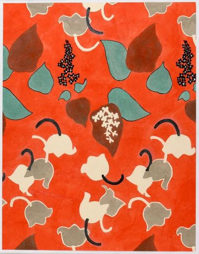 null Pierre Pelloux (1903-1975).
Composition sur fond rouge.
Etude pour soierie lyonnaise.
Gouache...