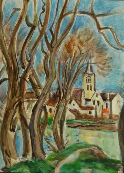 null André Planson (1898-1981)
Le clocher entre les arbres
Aquarelle sur papier
Signé...