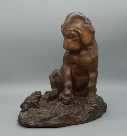 null Georges Lucien VACOSSIN (1870-1942), d'après.
"Chiot et grenouille". 
Sculpture...