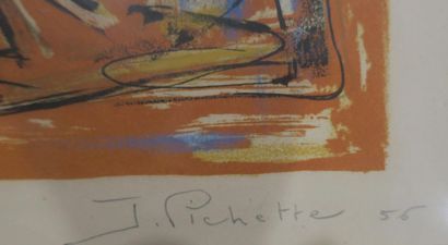 null James Pichette (1920-1996).
Paysage en bord de mer au coucher de soleil, 1956.
Lithographie...