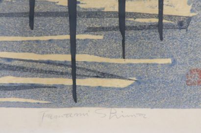 null Tamami Shima (1937-1999) .
Paysage aux cigognes, 1963.
Bois gravé en couleurs.
Signé...