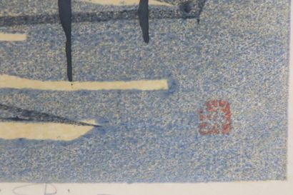 null Tamami Shima (1937-1999) .
Paysage aux cigognes, 1963.
Bois gravé en couleurs.
Signé...