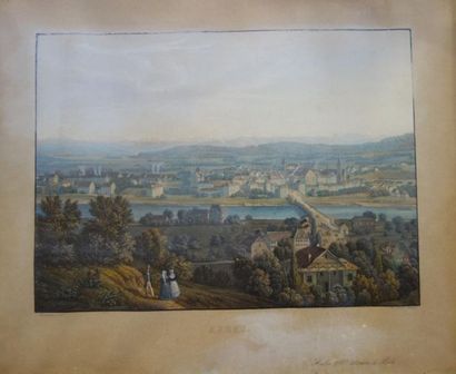 null Ecole suisse du XIXe siècle
Vues de Vevey et d'Aarau. 
Paire d'aquatintes en...