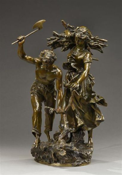 null Hippolyte Moreau (1832-1927)
" Couple de fagotiers "
Epreuve en bronze à patine...
