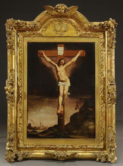 null Ecole du Nord du XVIIème siècle
Christ en croix sur fond de paysage au ciel...