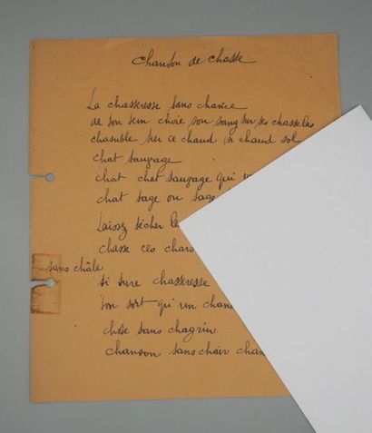 null DESNOS, Robert. Autograph manuscript, Hunting Song. 1 p. in-4 on orange paper,...