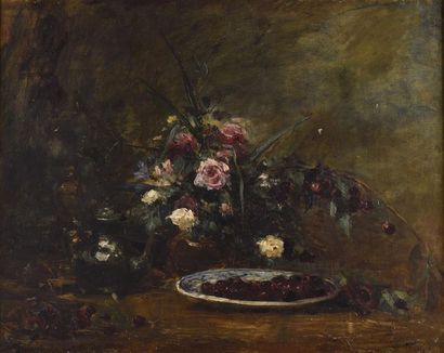 null Louis Appian (1862-1896)
" Assiette de cerises et fleurs "
Huile sur toile
Signé...