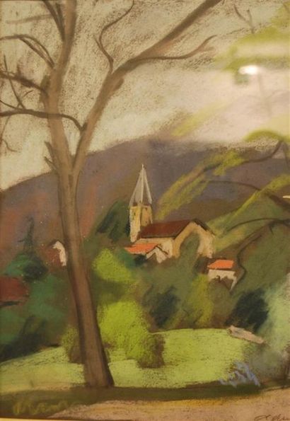 null Adrien Bas (1882-1925)
Eglise en montagne
Pastel sec sur papier gris
Signé en...