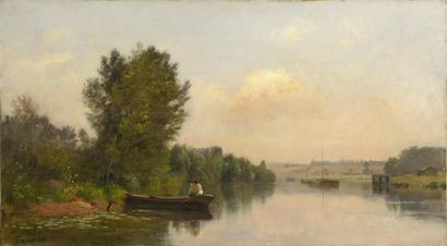 null Charles BEAUVERIE (1839 - 1924)
Barques sur la Loire, 1873
Huile sur toile.
Signée...
