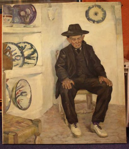 null Dorine VAN OYEN (1887-?) 
"L'homme en noir" 
huile sur toile signée en bas à...