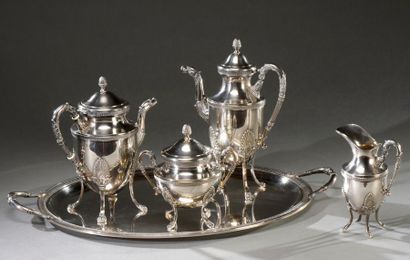  Beau service à thé et café en métal argenté dans le style Empire, orné de palmette...