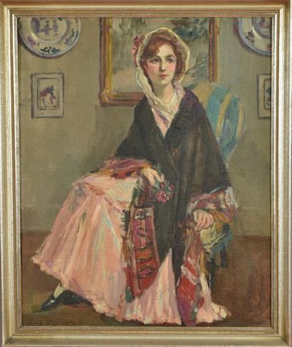 null Suzanne Minier (1884-1955).
Portrait de femme assise dans le salon.
Huile sur...