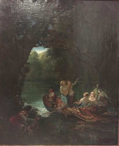null Attribué à Joseph Benoit GUICHARD (1806-1880).
Jeunes femmes dans une barque.
Huile...