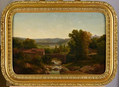 null Claude Antoine PONTHUS-CINIER (1812-1885).
Paysage au pont avec personnages.
Huile...