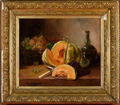 null Alfred Brunel de Neuville (1852-1941). 
 Still life with cut melon.
Oil on canvas.
Signed...