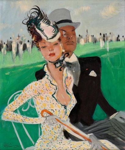 null Jean Gabriel Domergue (1889-1962). 
 Garden Party.
Oil on isorel.
Signed lower...