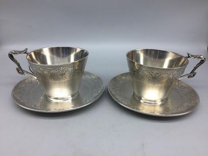 null Beautiful pair of cups and saucers in silver guilloché and finely engraved with...