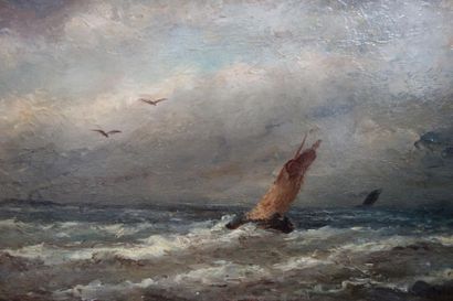 null Louis Artan (1837-1890).
Bateau en mer par gros temps.
Huile sur panneau.
Signé...