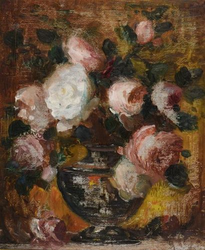 null François Vernay (1821-1896).
Roses dans un vase.
Huile sur toile collée sur...