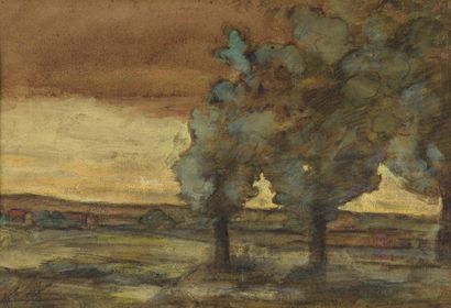 null François VERNAY (1821-1896).
Paysage au ciel orangé.
Pastel et gouache sur papier.
Signé...