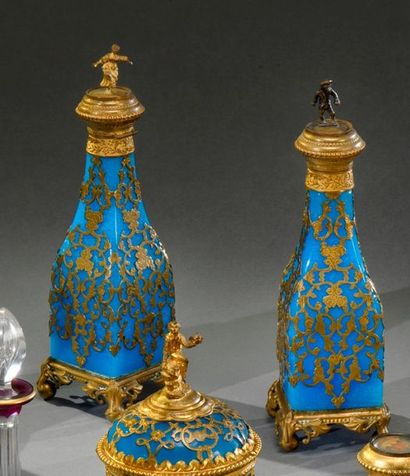 null Rare pair of blue opaline perfume bottles with a pomponne frame decorated with...