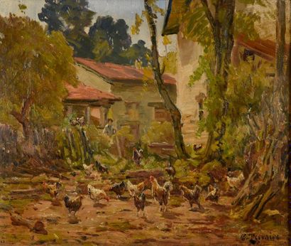 null Clovis TERRAIRE (1858-1931). 
 Farmyard.
Oil on panel.
Signed lower right.
46...