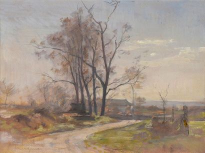 null Claude-Marie REIGNIER (1870-1954). 
 Large trees by the roadside.
Oil on paper.
Signed...
