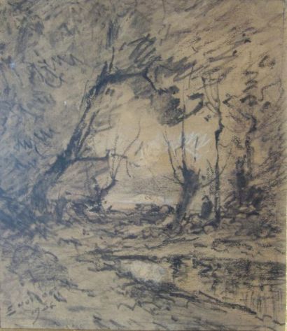 null Émile NOIROT (1853-1924).
Mare en sous-bois, 1904.
Fusain et craie sur papier.
Signé...
