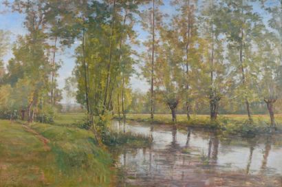 null Claude-Marie REIGNIER (1870-1954). 
 Etang de la Dombes.
Oil on panel.
Signed...