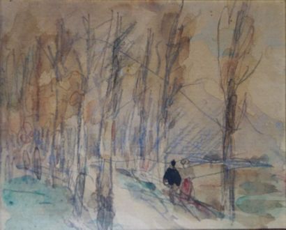null Joannès DREVET (1854-1940). 
 Walking in a tree alley.
Watercolour on paper.
Certified...