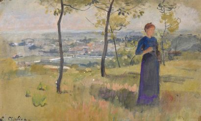 null Luigi CHIALIVA (1842-1914).
Femme en robe bleue dans un paysage.
Gouache sur...