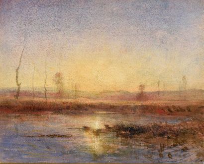 null François-Auguste RAVIER (1814-1895).
Etang sous une lumière dorée, 1883.
Aquarelle...