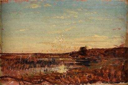 null François Auguste Ravier (1814-1895).
Paysage avec soleil se reflétant dans un...