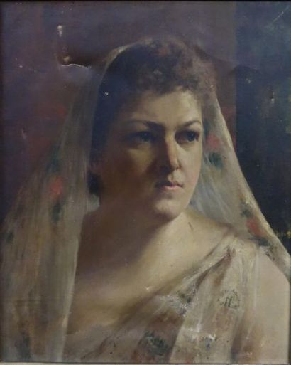null Tancrède Bastet (1858-1942).
Portrait de femme au voile fleuri, 1890.
Huile...