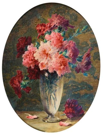 null Charles SEITTE (1872-1952). 
 Red carnations in a vase.
Watercolour on paper.
Signed...