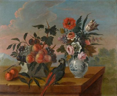 null FRENCH SCHOOL of the 18th century 
Still life with a basket of fruit, parrot...