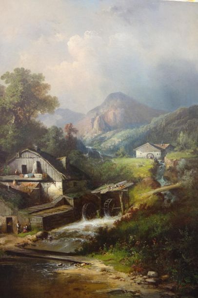 null Guido HAMPE (1839-1902). 
Le moulin, 1878. 
Huile sur toile. 
Signé et daté...