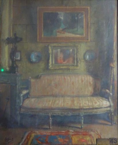 null Paul Urtin (1874-1962). 
 Interior to the Louis XVI sofa, 1931.
Oil on canvas.
Signed...