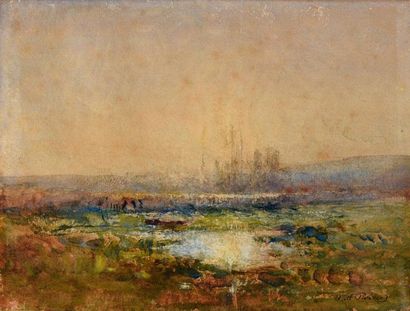 null François Auguste Ravier (1814-1895).
Paysage à l'étang.
Aquarelle sur papier.
Signé...