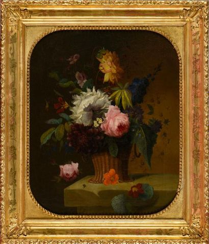 null Attribué à Balthazar ALEXIS (1786-1872).
Bouquet de fleurs dans une corbeille...