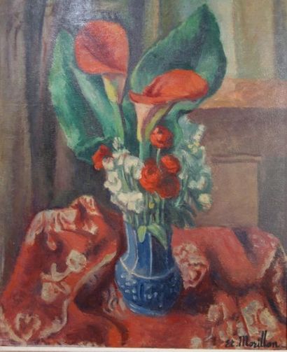null Etienne Morillon (1884-1949). 
 Bouquet in a blue vase.
Oil on canvas.
Signed...