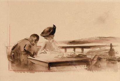 null Jean-Louis Forain (1852-1931).
Au café.
Lavis d'encre et crayon rouge sur papier.
Signé...