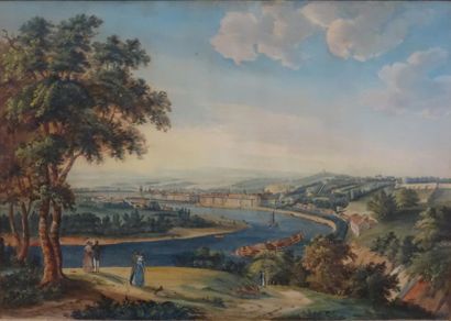 null Ecole lyonnaise du milieu du XIXème siècle. 
Vue de Lyon : la Saône depuis Montessuy.
Gouache...