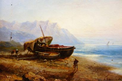 null Eugenio AMUS (1834-1899). 
 Fishermen on the beach, 1894.
Oil on canvas.
Signed...