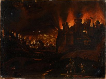 null ITALIAN SCHOOL First half of the 17th century 
Troy in flames with Aeneas fleeing...