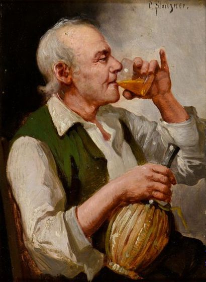 null Constantin Stoitzner (1863-1934).
Le buveur de vin blanc.
Huile sur panneau.
Signé...