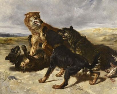 null Charles Herrman-Léon (1838-1908)
Combat de chiens
Huile sur toile.
Signée en...