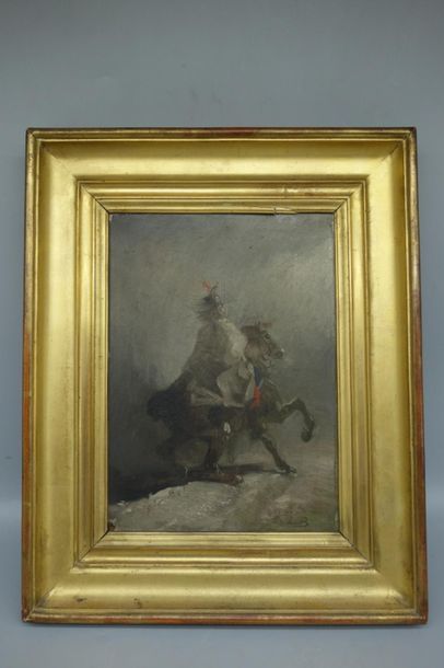 null John Lewis BROWN (1829-1890).
Hussard à cheval.
Huile sur panneau.
Signé en...