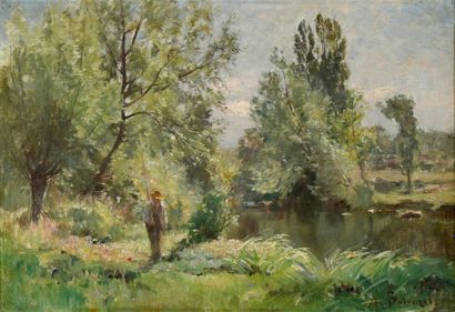 null Armand Auguste Balouzet (1858-1905). 
 Le pêcheur à la ligne.
Oil on canvas.
Signed...